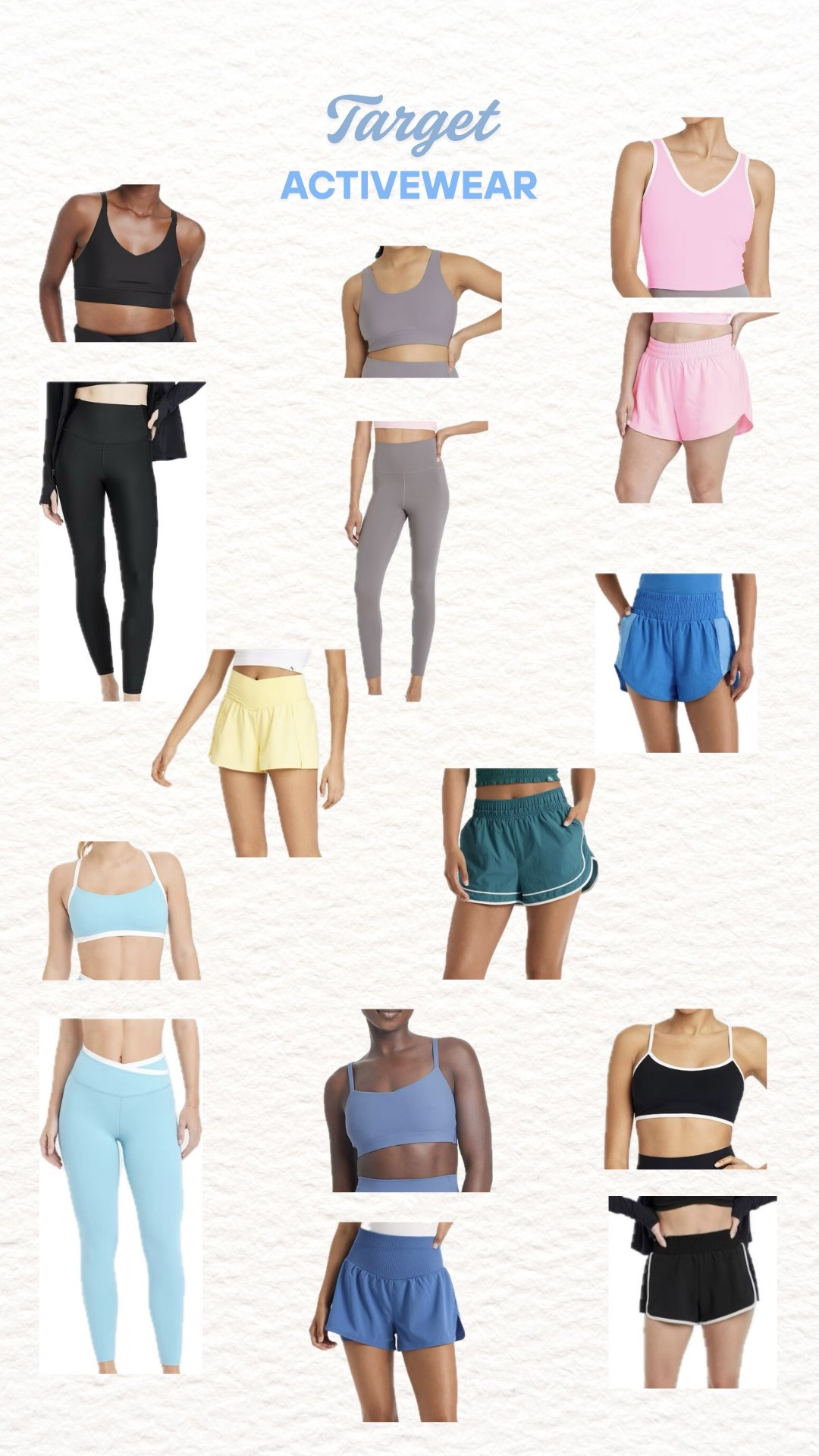 Target activewear

I feel like Target has stepped up their game!

Running shorts
Leggings
Sports bra
Biker shorts 
