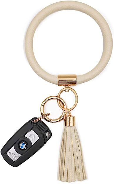 Mwfus Upgrade Round Key Ring Bracelet Leather Wristlet Keychain, Large Circle Bangle Keyring Tass... | Amazon (US)