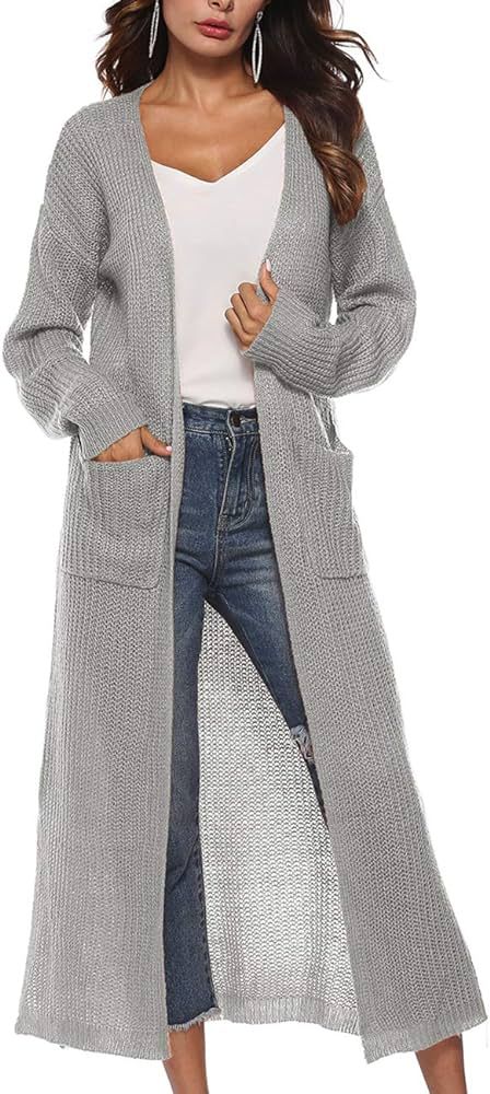 Womens Casual Long Sleeve Split Open Cardigan Knit Long Cardigan Sweaters with Pockets | Amazon (US)