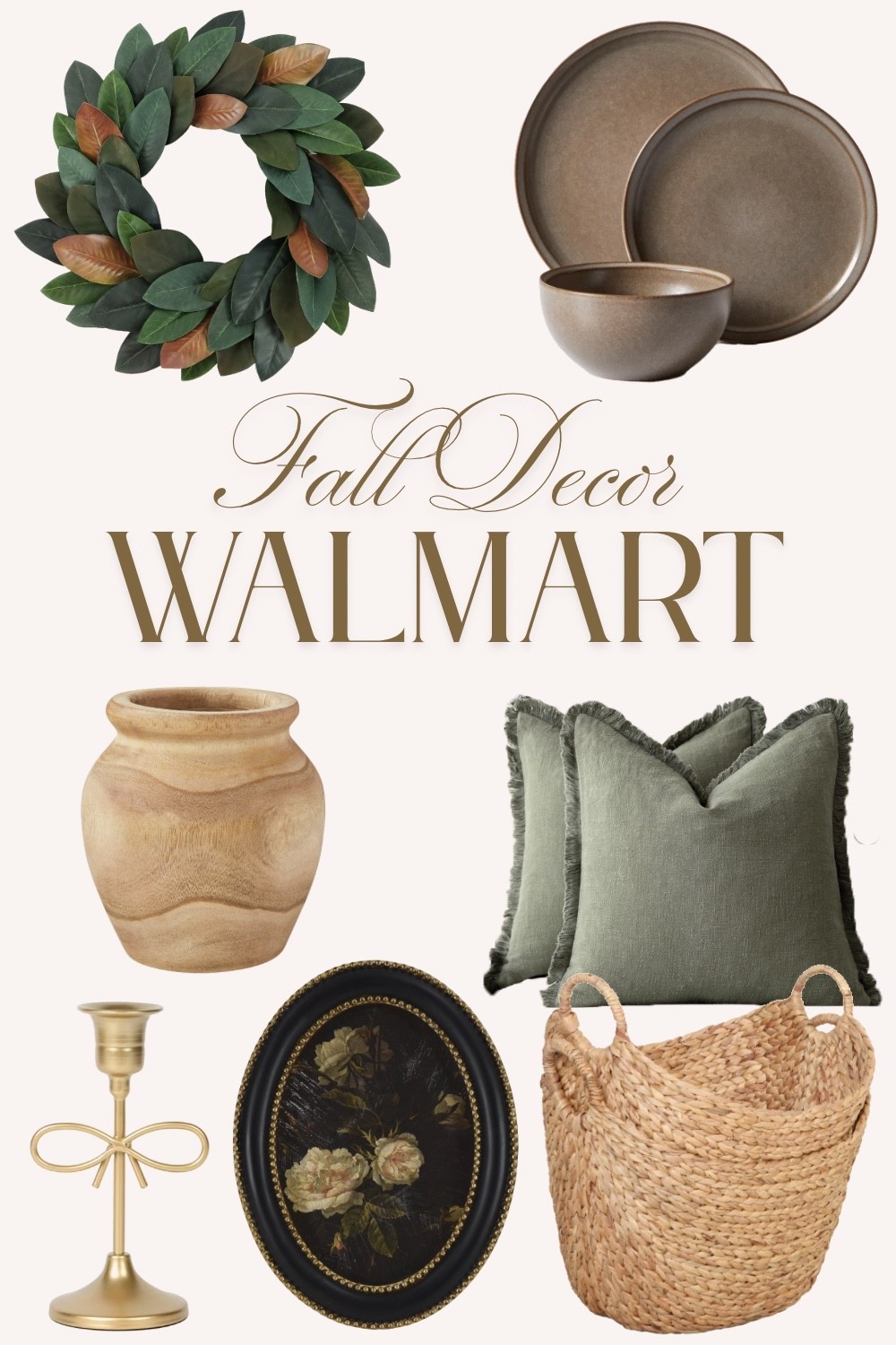 Walmart has some beautiful fall decor. Magnolia wreath, Better Homes and Gardens Banks brown dinner set, wood vase, baskets, pillows, wall or table art, bow candleholders. #walmart #fall #decor

#LTKSeasonal #LTKHome #LTKautumn