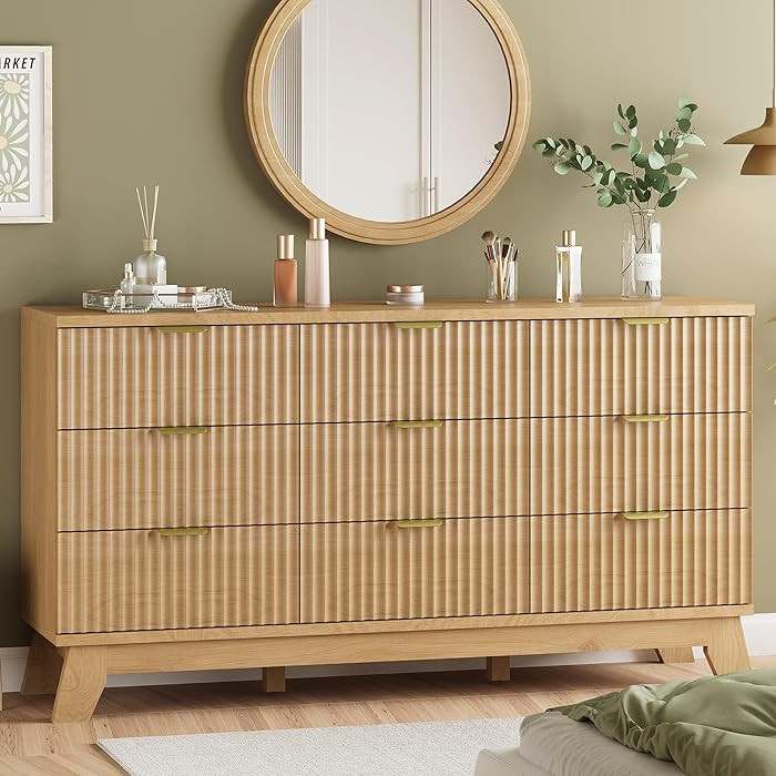 Fluted Dresser for Bedroom with 9 Drawers, 57" Wide Modern Chest of Drawers with Metal Handle, Wo... | Amazon (US)