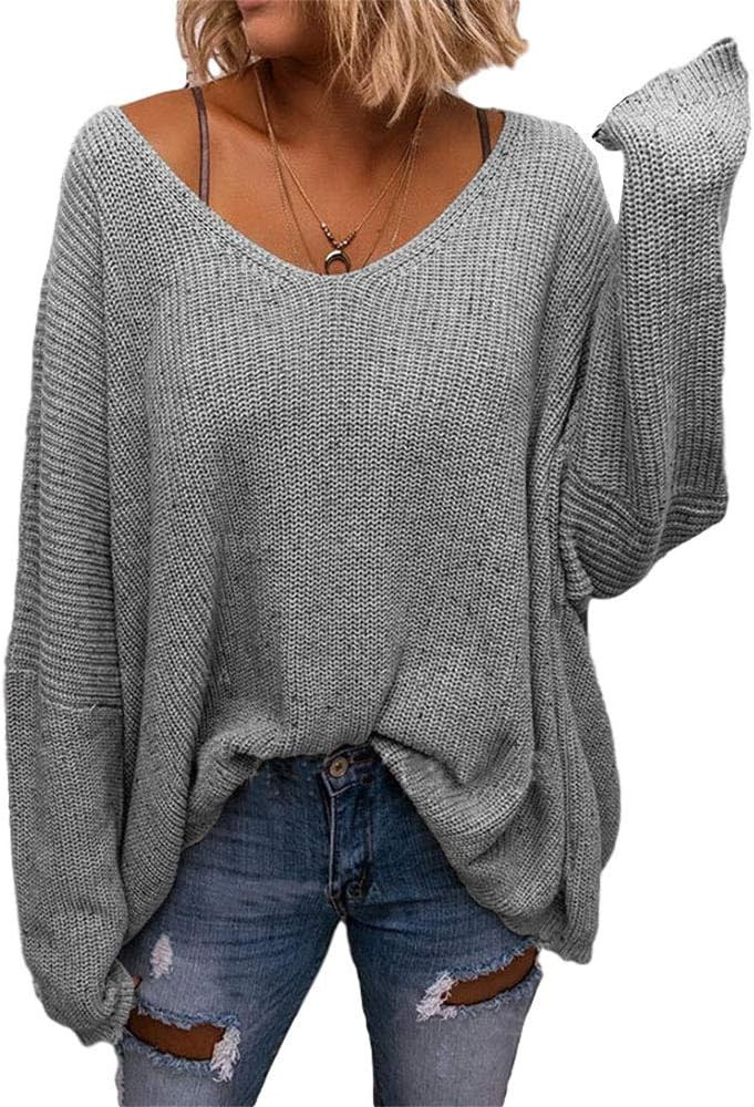 BZB Women's V Neck Long Sleeve Knit Loose Oversized Pullover Sweater Top | Amazon (US)