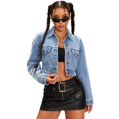 Women's Cropped Denim Jacket, Long Sleeve Button Down Casual Jean Jacket Light blue S | Target