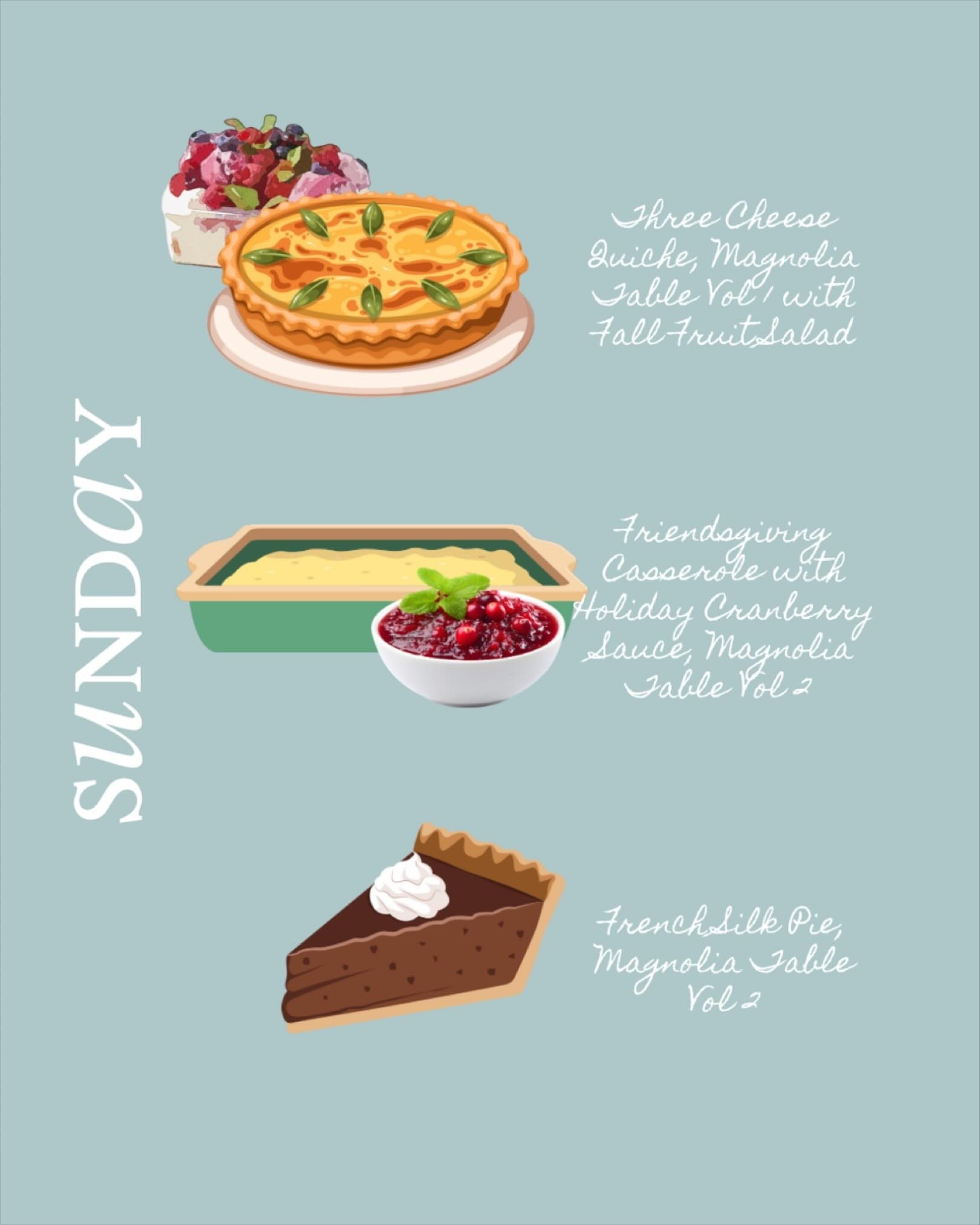 Today at the table: three-cheese quiche with fall fruit salad, Friendsgiving casserole with homemade cranberry sauce, and French silk pie from Magnolia Table Vol. 2.

I’ll also be in full prep mode — two pie crusts, French bread, and a fresh batch of chicken stock. A whole Sunday of good food and even better smells.

Read the full story on the blog — link in bio @mealandgrace.blog .

Gracefully yours,
🫶🏻 Jeanie Jo

#MealAndGrace #SundayMenu #MagnoliaTable #CoastalGrandmotherForRealLife #GraceTastesLikeHome #FoodFaithAndCoastalLife

#LTKHome #LTKfoodie