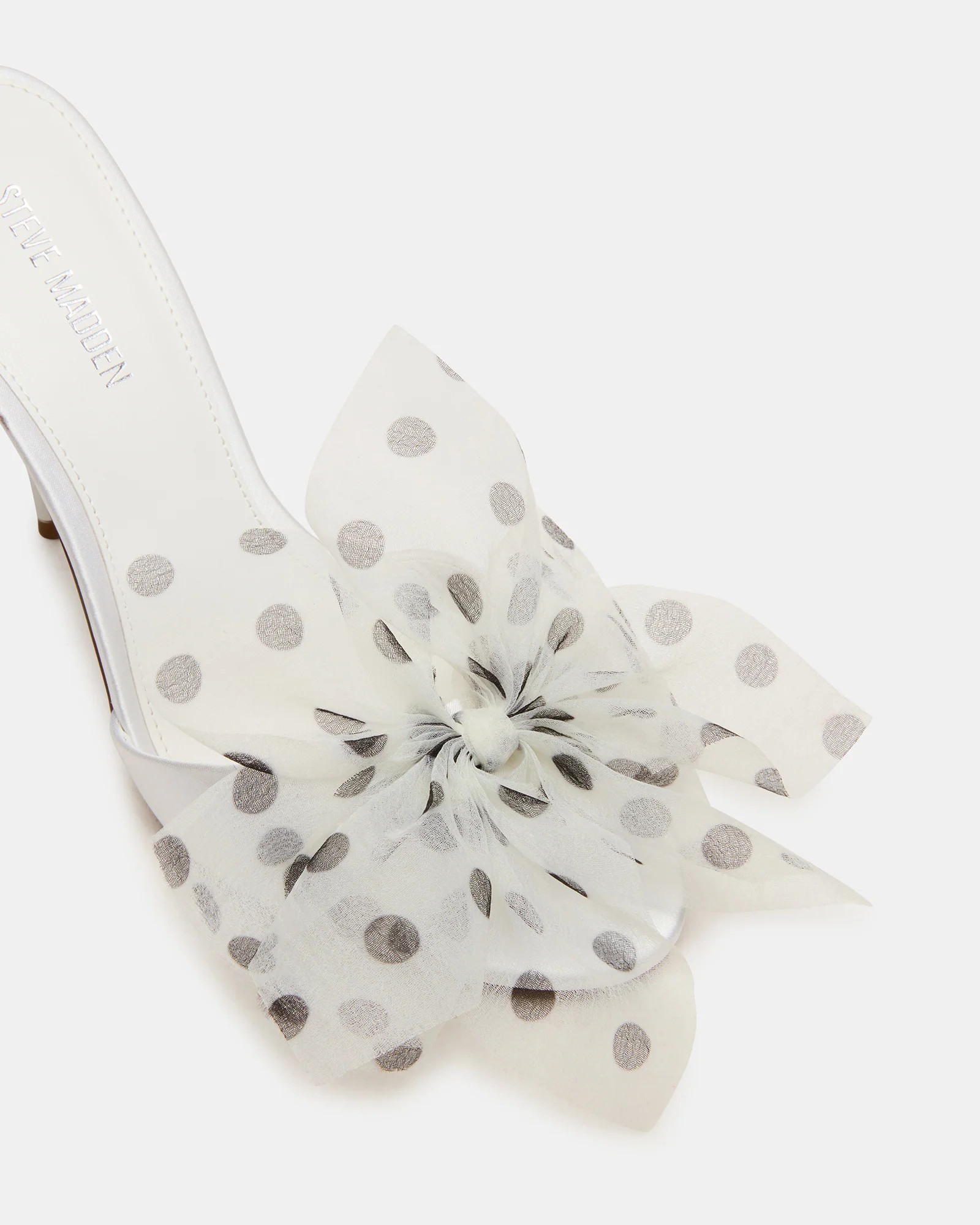 DAVINA Tulle White/Black Polka Dot Rounded Open-Toe Mule Stiletto Women's Heel | Steve Madden (US)