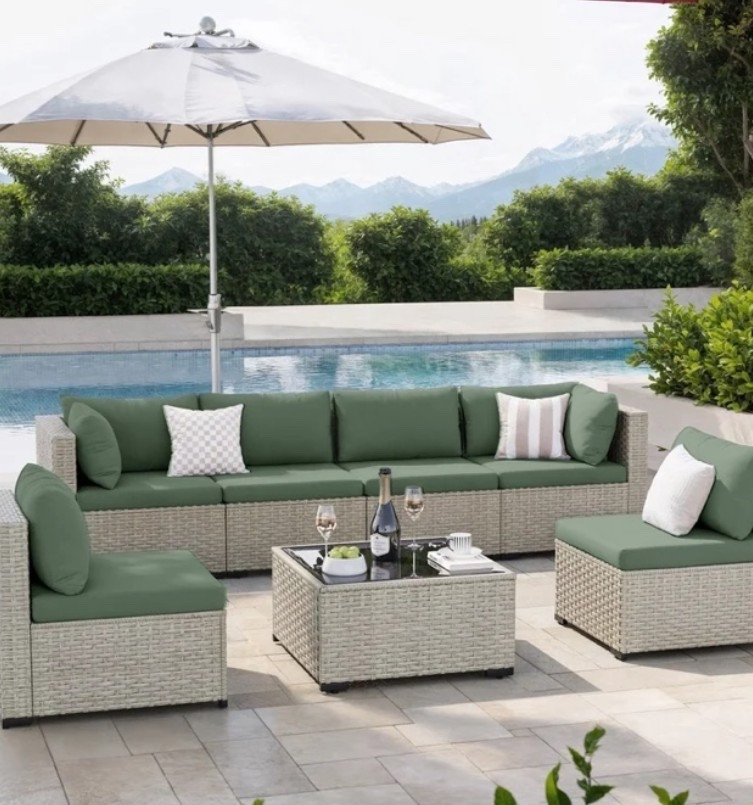 Clearance! 7 Pieces Patio Conversation Set, Outdoor Sectional PE Rattan Wicker Furniture Seat,GREEN