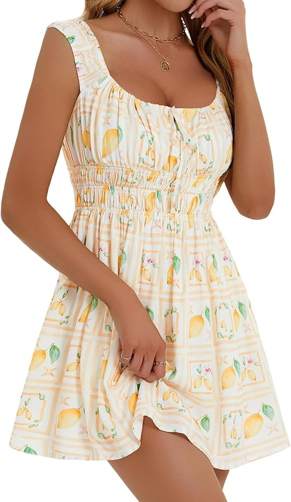 LOLOCCI Mini Square Neck Women Cute Floral Sundresses Tank A-Line Rayon Milkmaid Adjustable Empir... | Amazon (US)