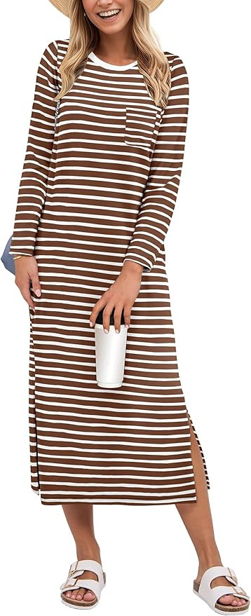 ANRABESS Women 3/4 Long Sleeve Crewneck Striped Casual Slit T Shirt Midi Dresses with Pockets 202... | Amazon (US)