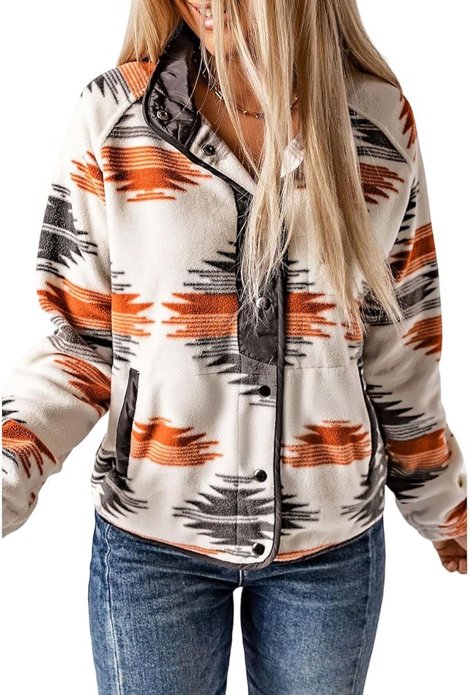 SELINK Womens Fleece Jacket Western Aztec Print Long Sleeve Snap Button Down Shacket Jackets with... | Amazon (US)