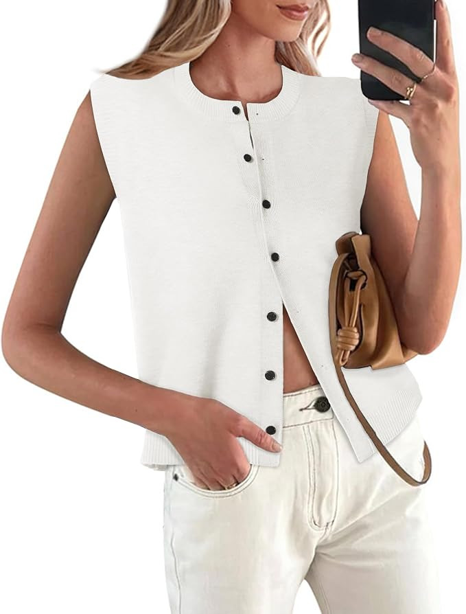 Womens Sweater Vest Sleeveless Cardigan Button Up Crew Neck Summer Lightweight Knit Tank Top | Amazon (US)