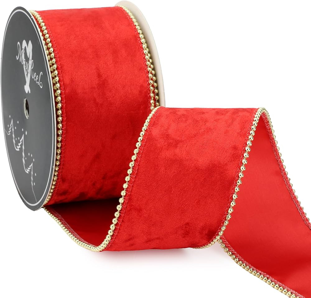 MAYREEL 2.5 Inch Red Crushed Velvet Wired Ribbon with Gold Beaded Pearl Edge Red and Gold Ribbon ... | Amazon (US)