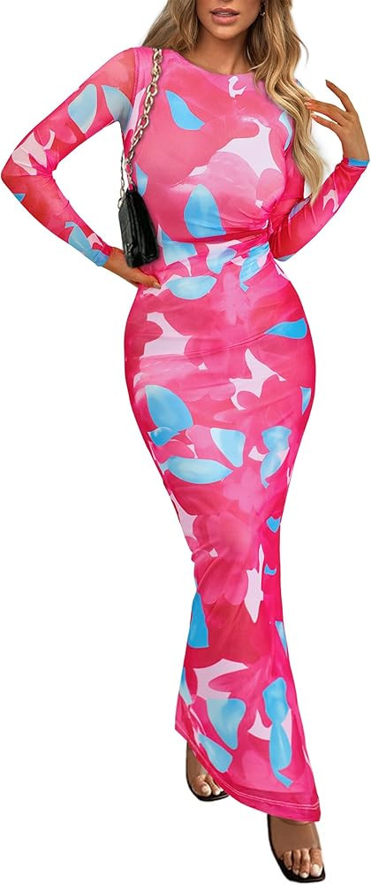 PRETTYGARDEN Women's Bodycon Maxi Dress Fall Spring Fashion Long Sleeve Floral Print Tight Fitted... | Amazon (US)