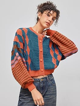 CIDER Cardigans for Women Trendy Crew Neck Striped Geometric Knit Cardigan Oversized Button Up Kn... | Amazon (US)