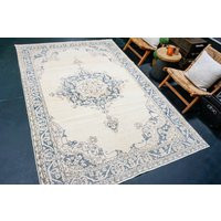 6'4 X 10' Vintage Turkish Oushak Rug Muted Navy Blue, Blush Pink & Cream | Etsy (US)