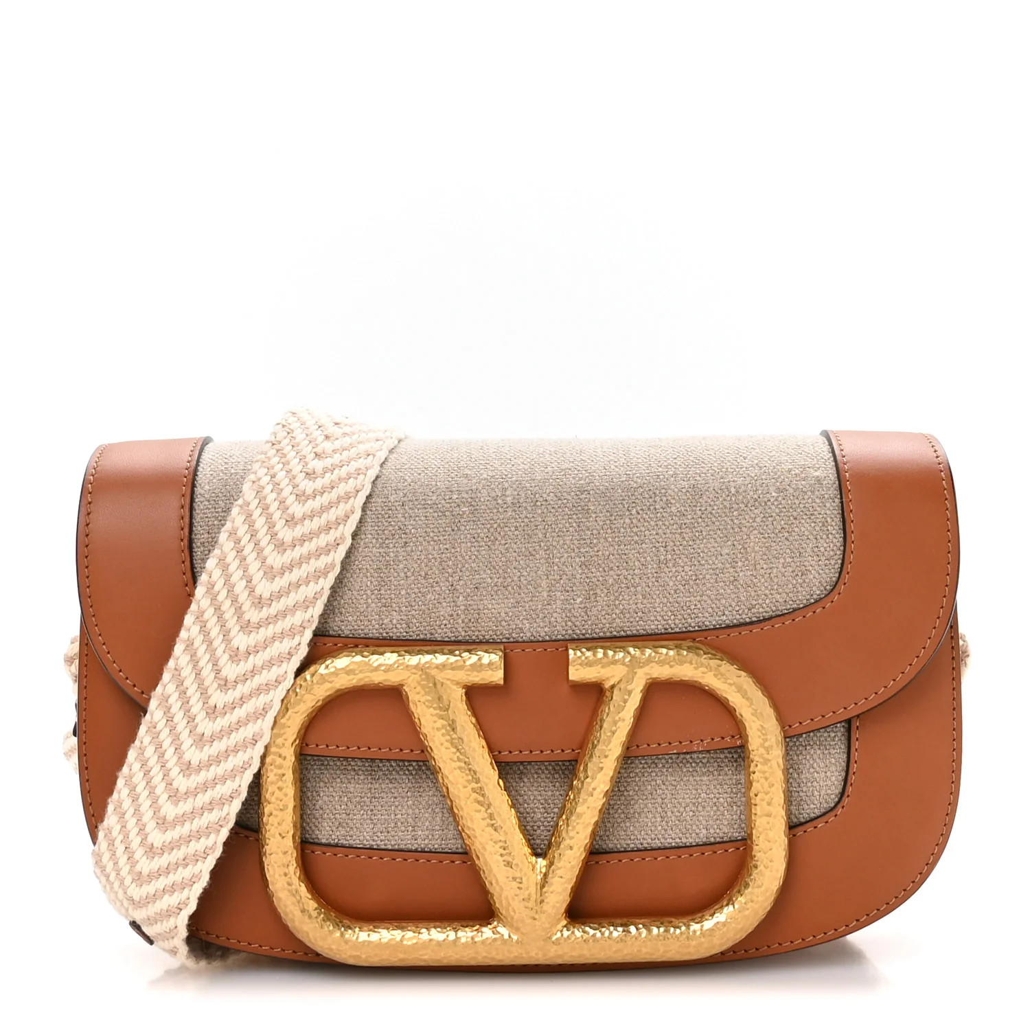 Calfskin Linen Supervee Crossbody Bag Saddle Brown Natural | FASHIONPHILE (US)