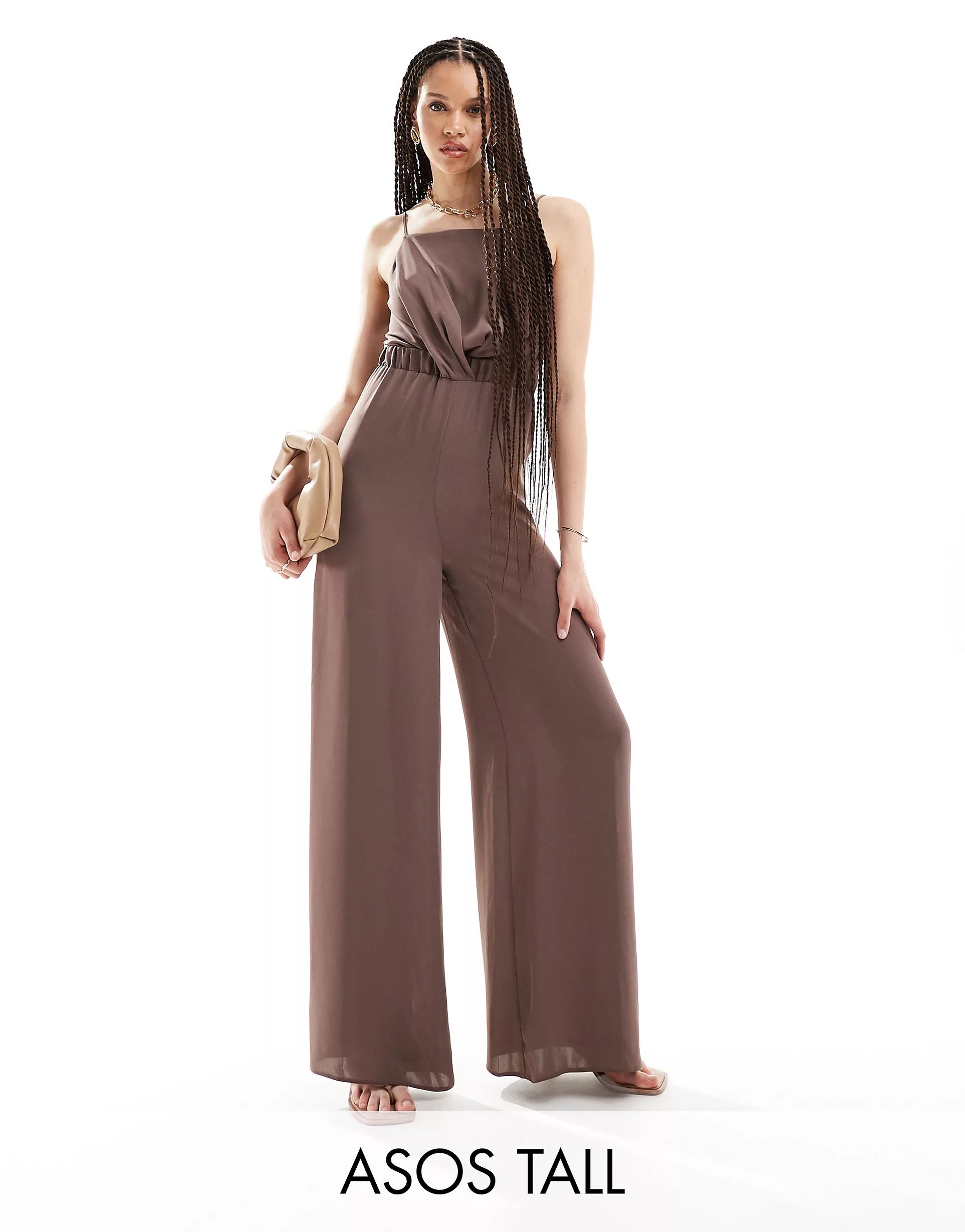 ASOS DESIGN Tall high neck twist front jumpsuit in chocolate | ASOS (Global)