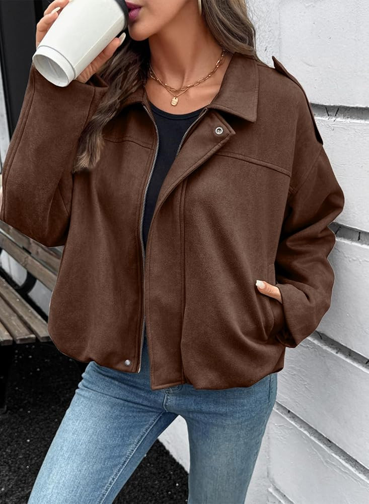 EVALESS Womens Faux Suede Bomber Jackets Long Sleeve Fall Coats Zip Up Cropped Jacket Trendy Wint... | Amazon (US)