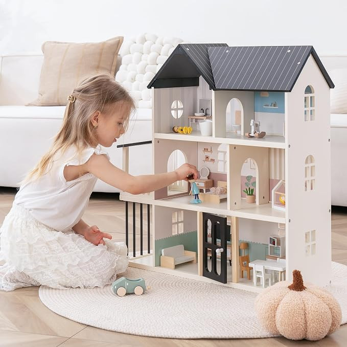 Wooden Dollhouse for Kids, 6-Room Modern-Style Toy Doll House Playset | with 26-Piece Furniture S... | Amazon (US)