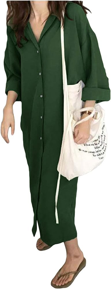 GGUHHU Womens Chic Button Down Rolled-Up Sleeve Long Cotton Blouse Maxi Dress | Amazon (US)