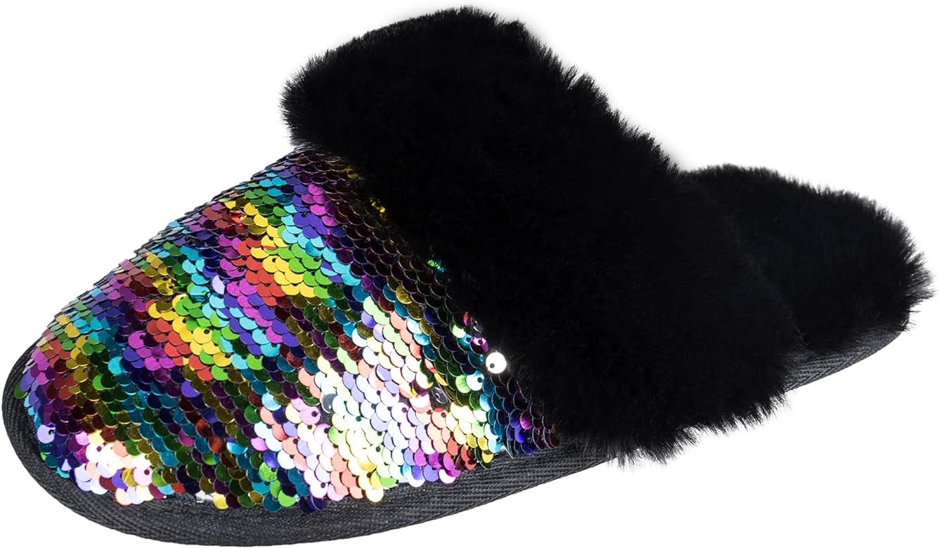 Jessica Simpson Women's Comfy Faux Fur House Slipper Scuff Memory Foam Slip on Anti-Skid Sole | Amazon (US)