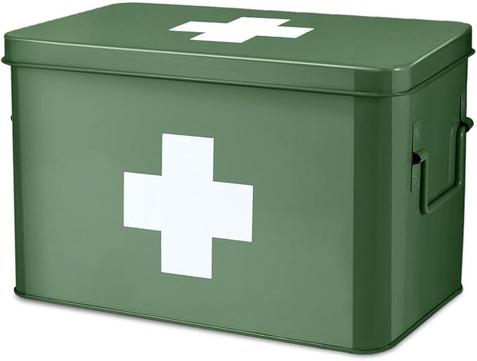 Flexzion First Aid Box Empty 13" Green Metal Tin Organizer with Removable Tray, Dividers, Side Ha... | Amazon (US)