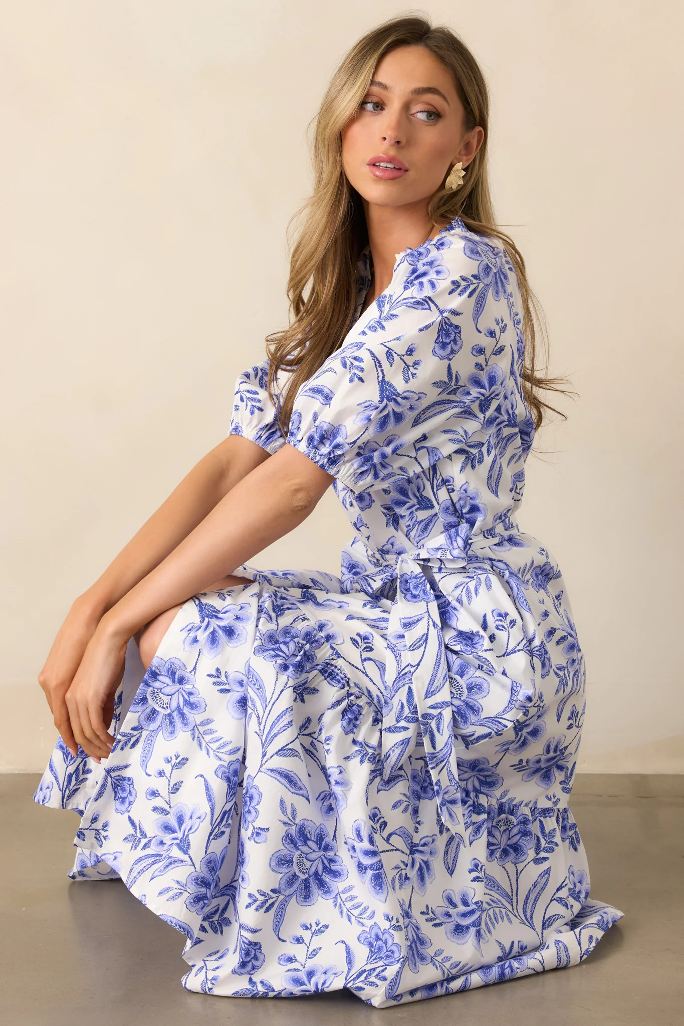 Bayside Breeze Cotton Blue Floral Maxi Dress | Red Dress