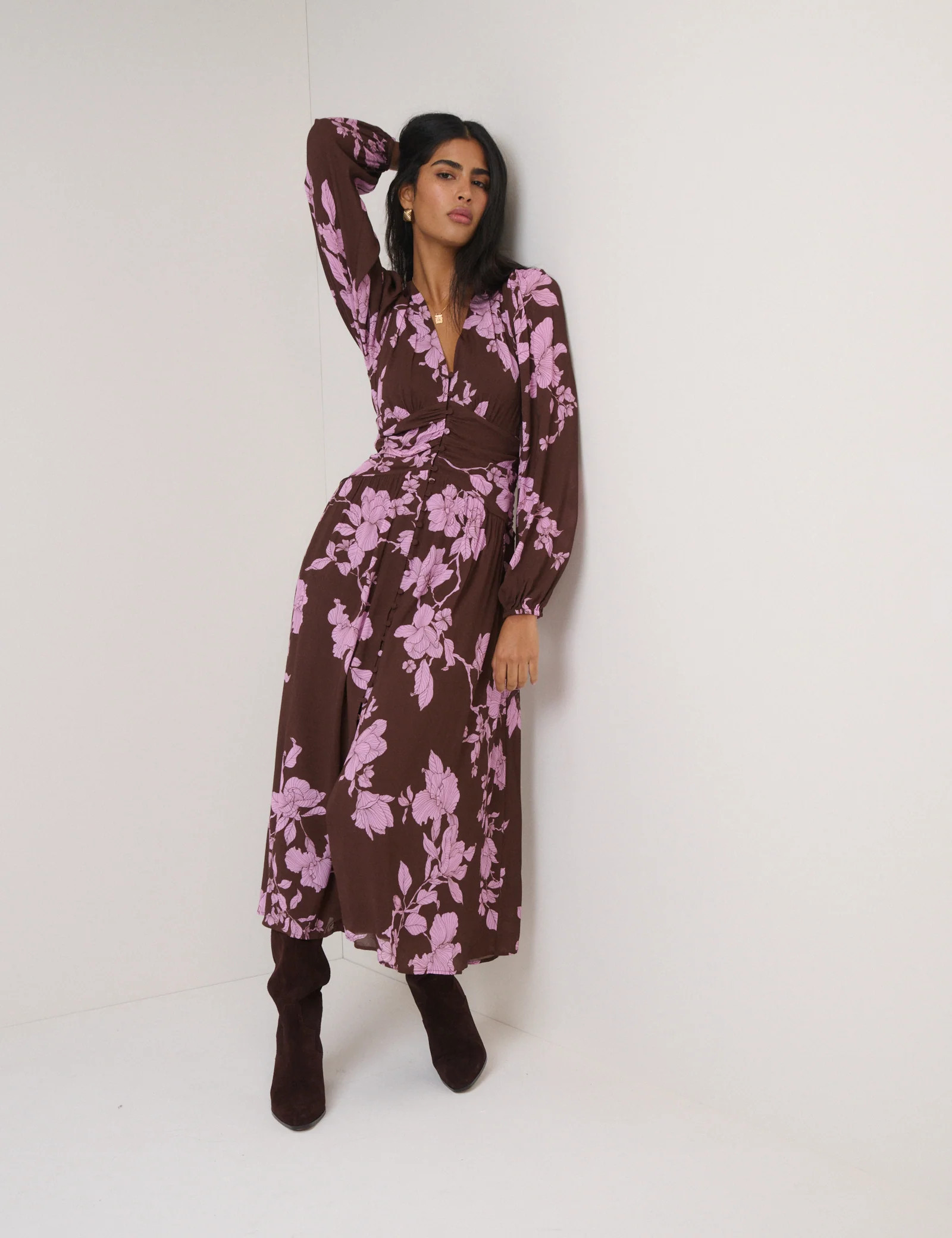 Brown And Pink Floral Luna Midaxi Dress | Nobody's Child
