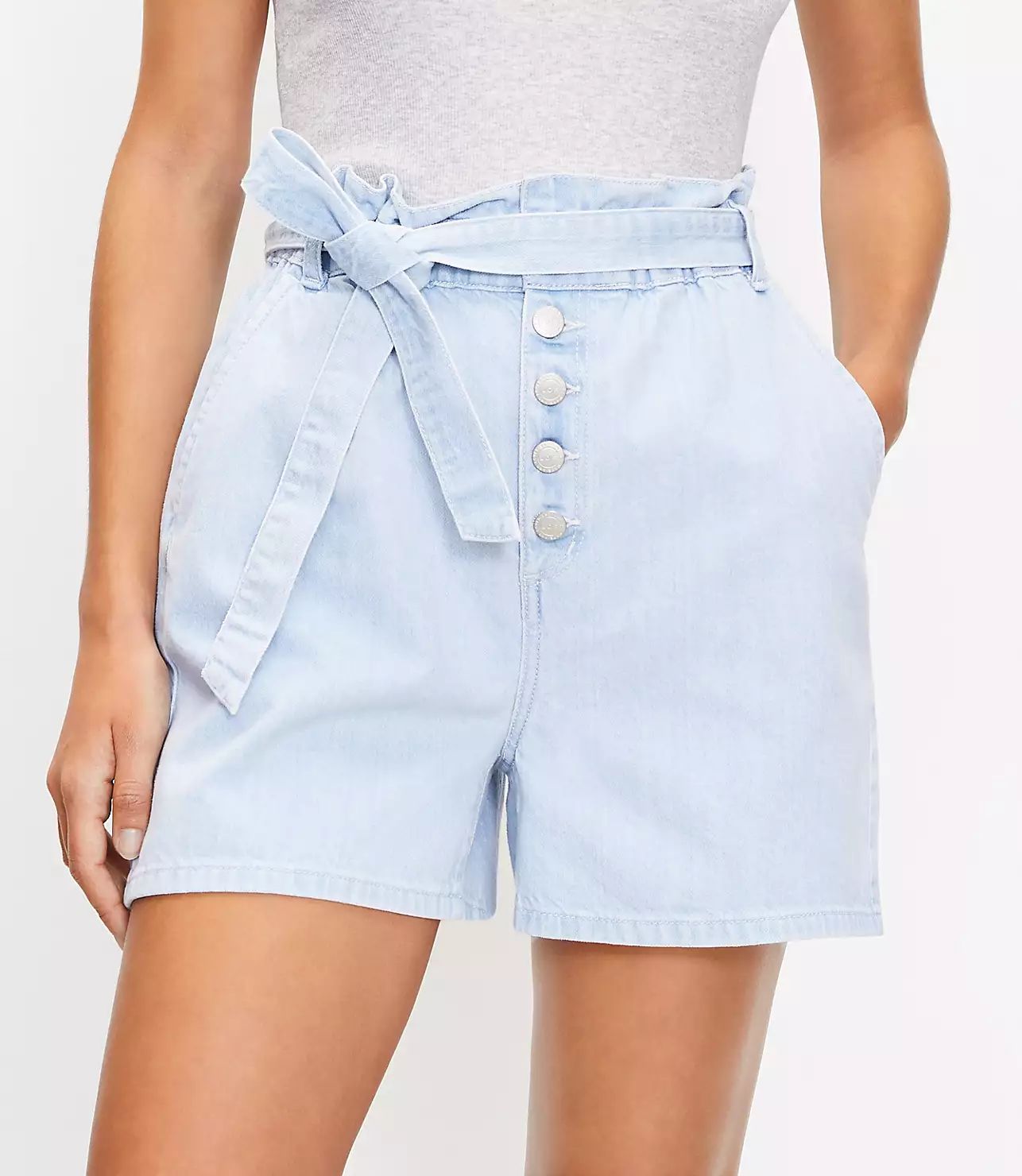 Paperbag Pull On Denim Shorts in Soft Washed Blue | LOFT