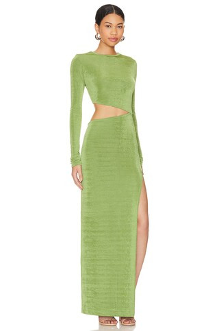 Lama Jouni Long Sleeve Boat Neck Maxi Dress in Shiny Olive from Revolve.com | Revolve Clothing (Global)