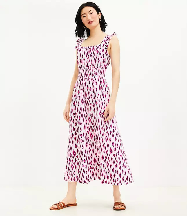 Animal Print Ruffle Strap Square Neck Midi Dress | LOFT
