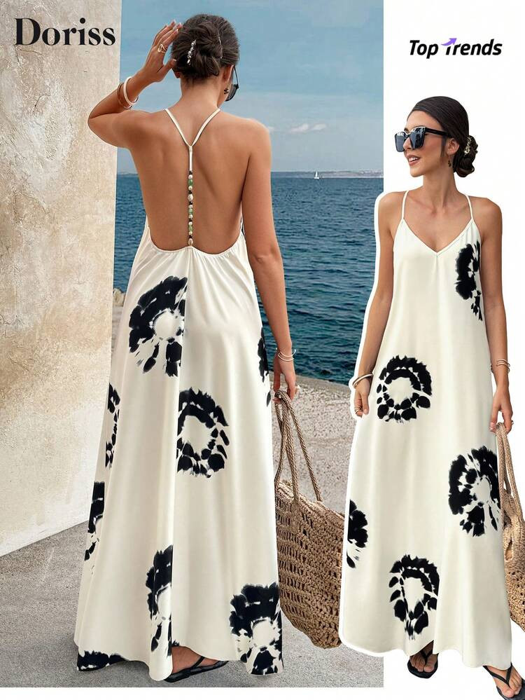 Summer Spaghetti Strap Backless Beaded Floral Print Bohemian Style Maxi Dress, Casual Elegant For... | SHEIN