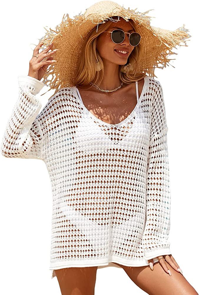 MakeMeChic Women's Crochet Swimsuit Cover Up Long Sleeve Knitted Fringe Swim Beach Cover Up Swimw... | Amazon (US)