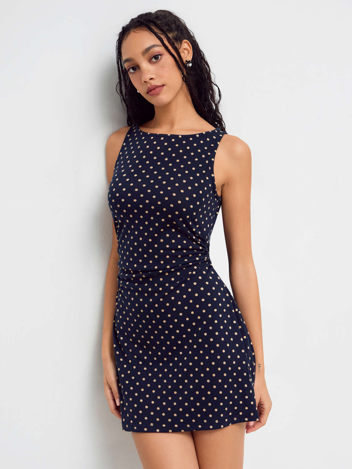 Boat Neck Polka Dot Ruched Mini Dress | Cider