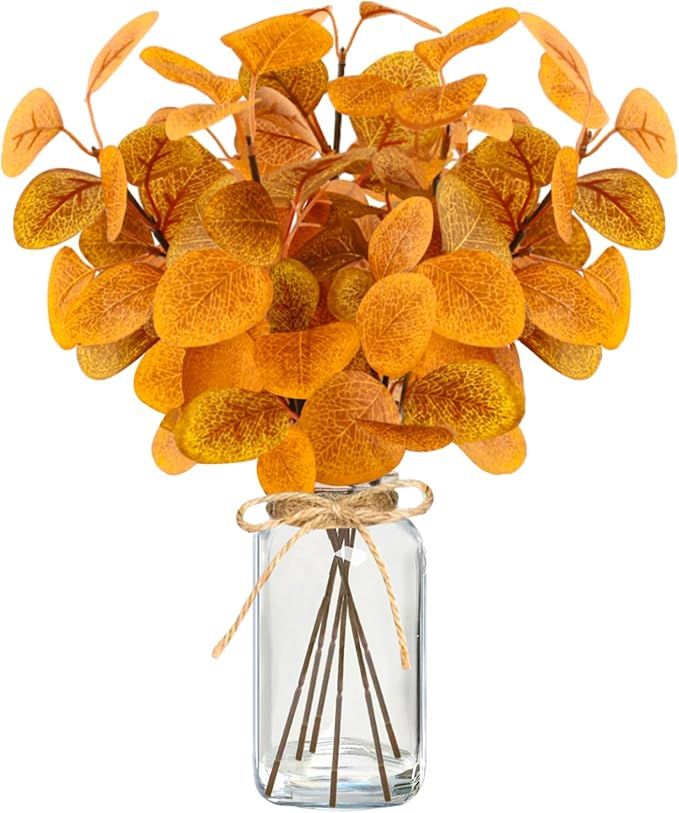 Fall Faux Eucalyptus Stems in Glass Vase 14.2" 6pcs Artificial Autumn Eucalyptus Branches with Va... | Amazon (US)