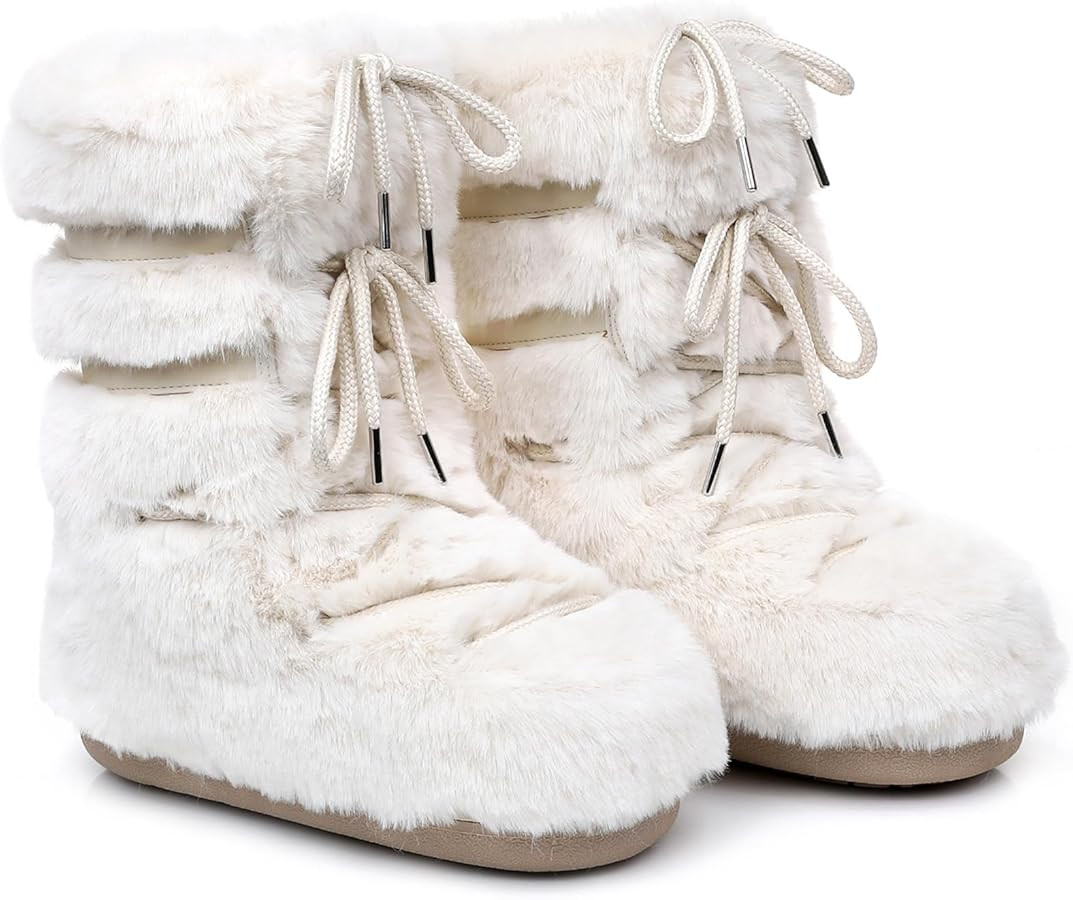 Womens Snow Boots,Fuzzy Furry Fluffy Fur Boots with Faux Fur Lined,Winter Mid-calf Lace-up White ... | Amazon (US)