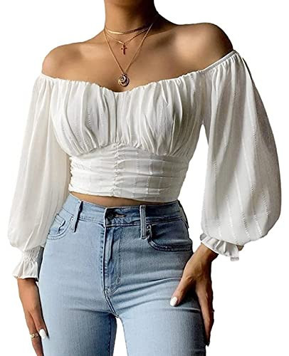 MIRACMODA Womens Elegant Off The Shoulder Puff Sleeve Blouse Summer Chiffon Slim Fit Party Crop Top White | Amazon (US)