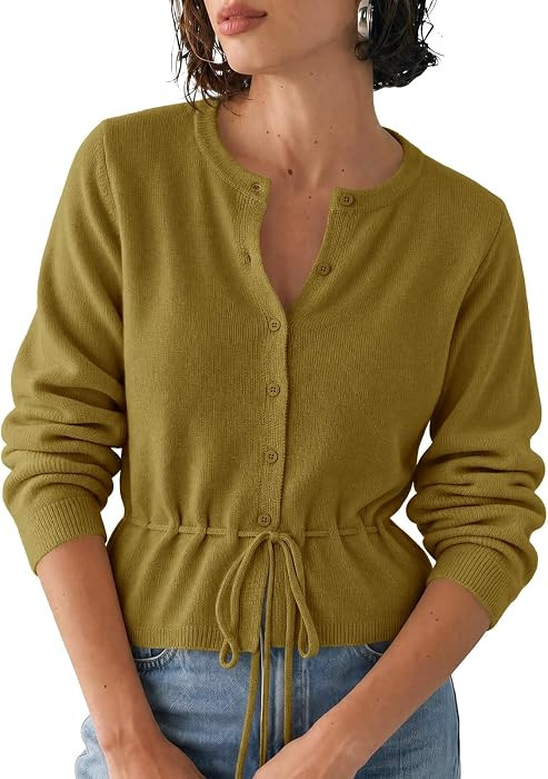 Saodimallsu Womens Cropped Cardigan Button Up Tie Crew Neck Fall Sweaters | Amazon (US)