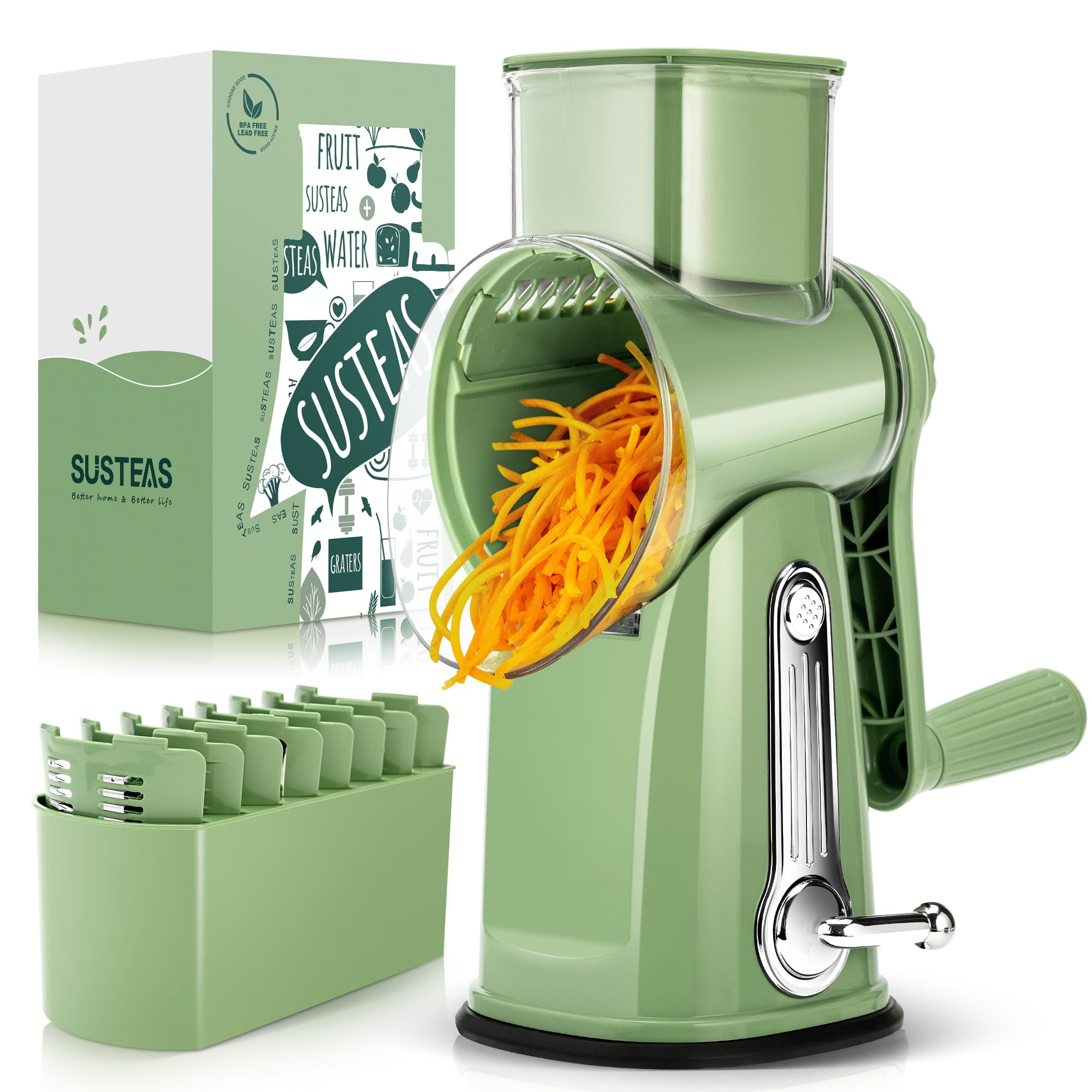 SUSTEAS Rotary Cheese Grater with Handle - Vegetable Shredder with 5 Well-designed Blades & Strong Suction Base,Round Mandoline Slicer & Food Chopper for Kitchen,with Blade Storage Box(Retro Green) | Amazon (US)