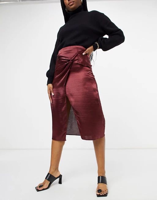 ASOS DESIGN high shine satin midi skirt with twist detail in burgundy | ASOS (Global)