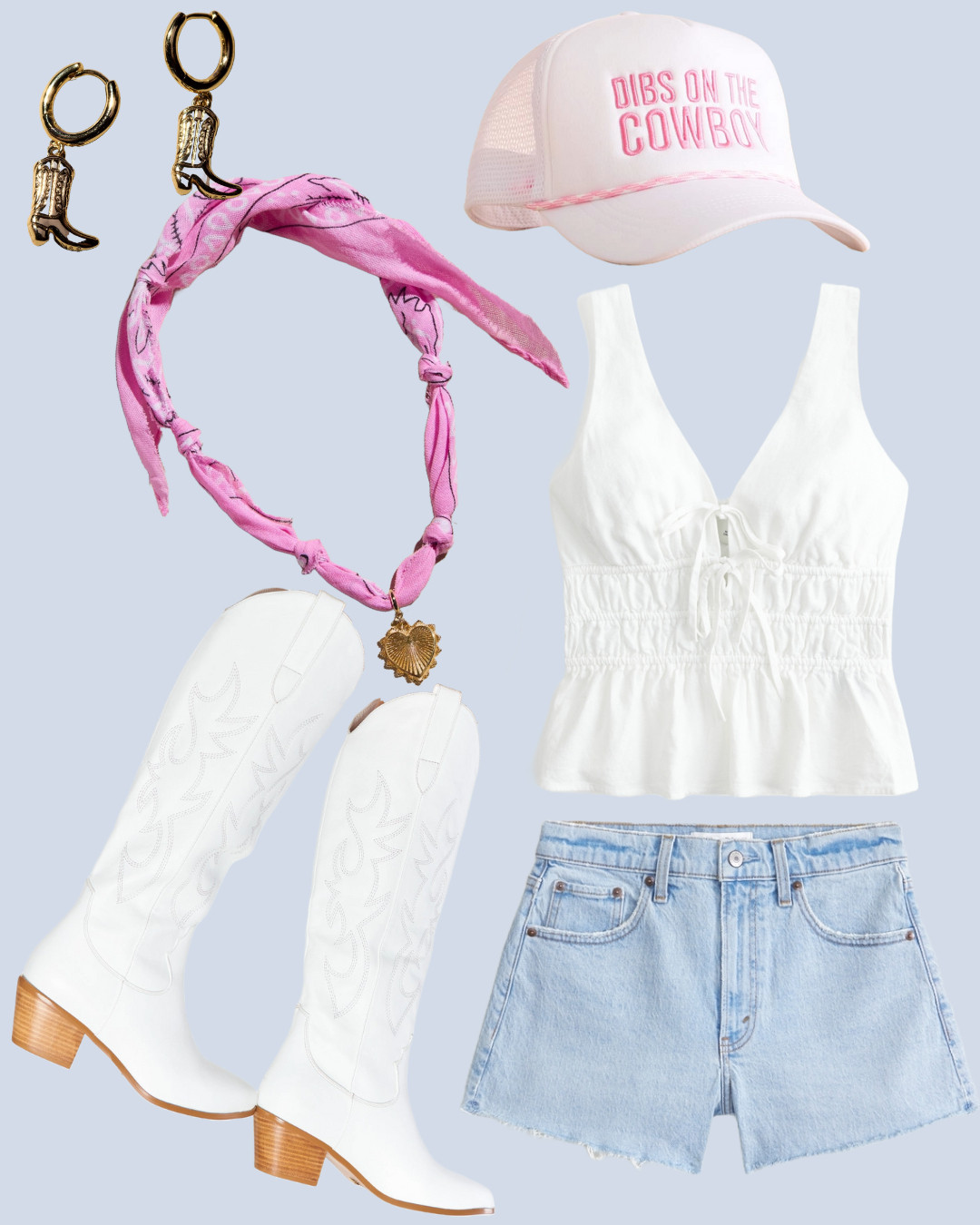 Country cutie vibes! This country concert outfit is sweet, classic, and made for summer nights under the stars! Styled a crisp white tank with denim shorts and white cowgirl boots for that timeless western look, then added the cutest pop of color with a pink & gold bandana necklace, gold huggie earrings, and a pink + white trucker hat. It’s giving southern charm meets flirty fun — perfect for concerts, rodeos, or a Nashville weekend!

#CountryConcertOutfit #WesternStyle #CowgirlBoots #DenimShortsLook #BandanaNecklace #TruckerHatTrend #ConcertOutfitInspo #LTKConcertLook #SummerCountryStyle #NashvilleOutfitIdeas #WesternFashionInspo #CountryGirlAesthetic #SouthernStyle #LTKStyle #FestivalOutfitIdeas 

 #LTKSeasonal #LTKPetite #LTKStyleTip