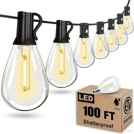 BUGHUT 100FT Outdoor String Lights,Patio Lights with 25 Shatterproof S14 Vintage Edison Bulbs,Hanging Light Waterproof for Porch, Garden, Deck, Backyard, 2700K | Walmart (US)