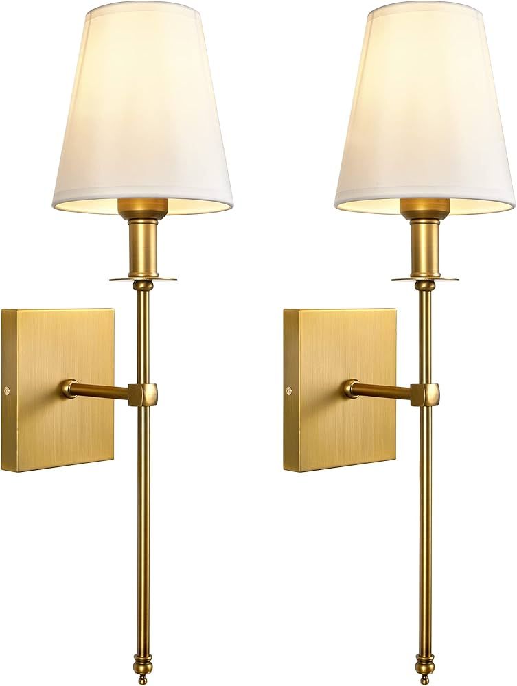 PASSICA DECOR Modern Antique Brass Wall Sconces Set of Two 2 Pack with Vertical Rod and White Fab... | Amazon (US)