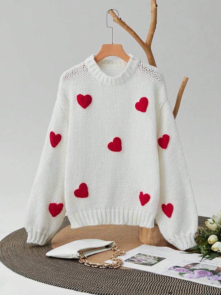 SHEIN Essnce Women'S Heart Pattern Drop Shoulder Sweater | SHEIN