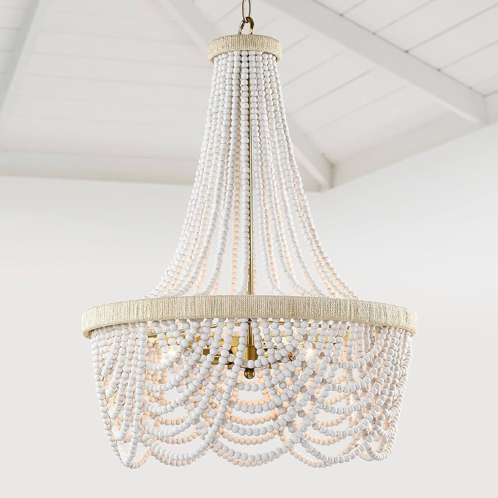French Country Chandelier,3-Light Beaded Chandelier,Wooden Farmhouse Chandeliers,Hanging Bead Lig... | Amazon (US)