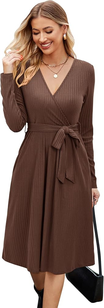 Newshows Womens 2024 Fall Sweater Dress Long Sleeve Business Casual Outfits V Neck Ribbed Knit Be... | Amazon (US)