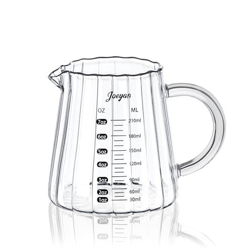 Joeyan 7 oz Glass Measuring Cups with Spout,Borosilicate Large Glass Triple Pitcher with Scale,Origami Style Espresso Shot Glasses with Wood Handle for Coffee Milk | Amazon (US)