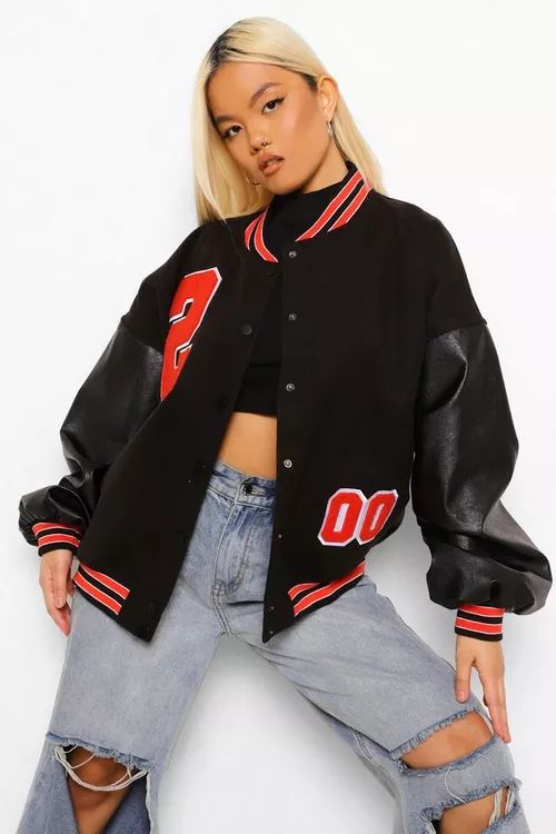 Petite Pu Sleeve Oversized Varsity Jacket | Boohoo.com (US & CA)