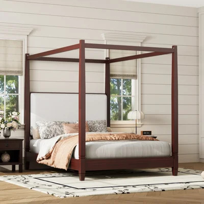Queen Size Canopy Platform Bed with Upholstery Headboard,with Wooden Slat Support Legs,Black | Wayfair North America