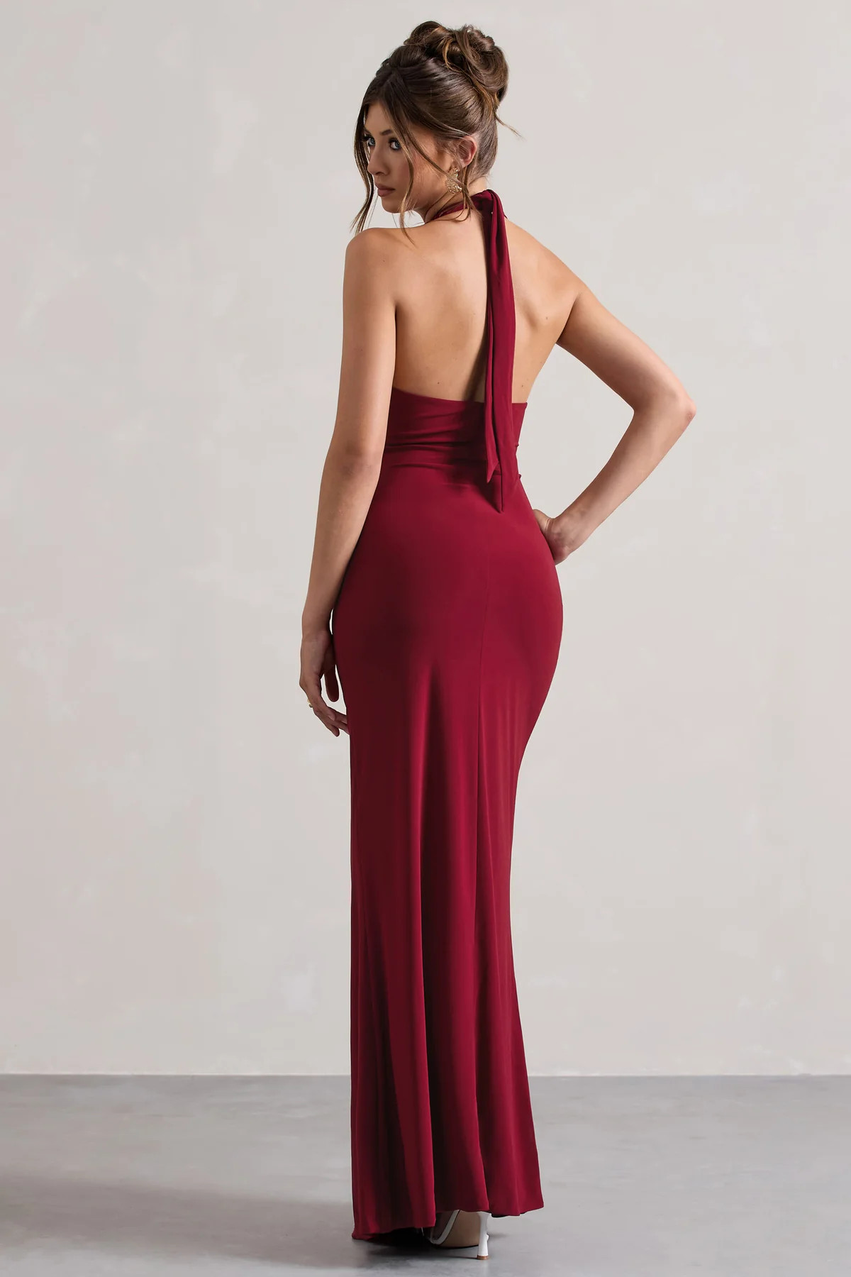 Payton | Berry Ruched Halter-Neck Maxi Dress | Club L London
