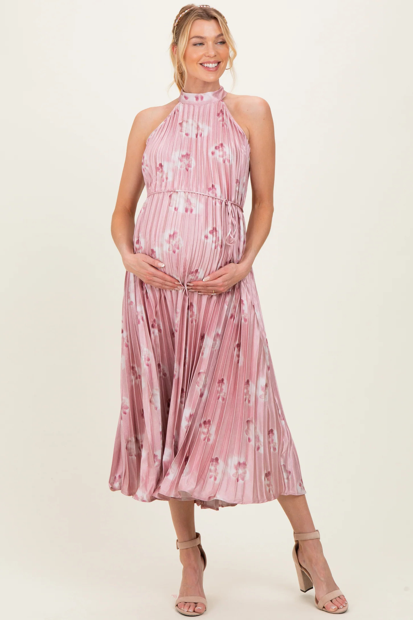Light PinkFloral Pleated Halter Maternity Midi Dress | PinkBlush Maternity
